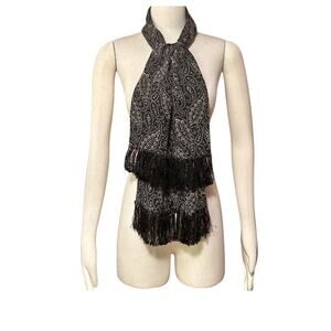 1990s DKNY Women's Black Crean Gray Paisley Double Sided Silk Fringe Scarf